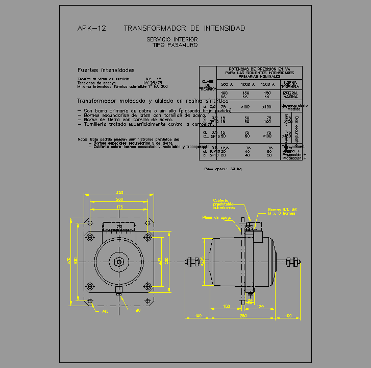 Bloque Autocad Transformador de intensidad APK-12, servicio interior tipo pasamuro, 12KV.